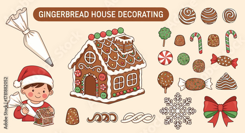 Christmas gingerbread house decorating illustration with candies and a child