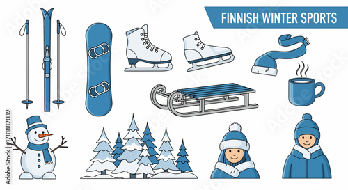 Collection of blue and white Finnish winter sports gear scenery and people icons