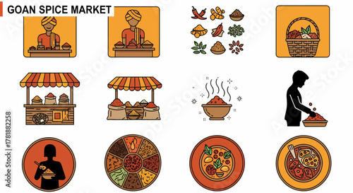 Collection of twelve stylized icons depicting vendors spices and finished dishes related to a spice market