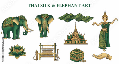 Collection of Thai silk and elephantthemed cultural icons in green and gold