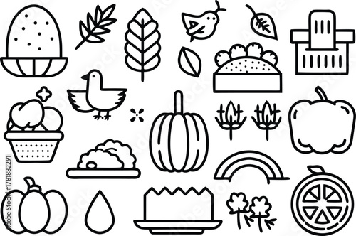 Outline vector icons of nature, harvest, food, and farm elements