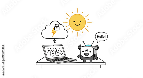 Funny cartoon businessman illustration vector icon concept, person with laptop, big idea sign, child, woman, people work symbol