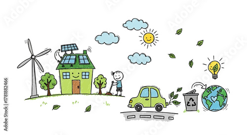 eco friendly car and house concept illustration in green nature landscape