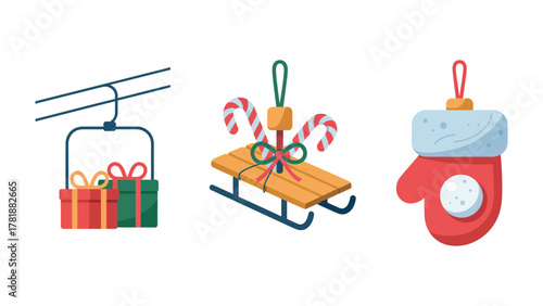 Festive Christmas Decorations: A collection of charming Christmas ornaments, featuring gifts on a cable car, sled, and mitten, evoke the joy and spirit of the holiday season.