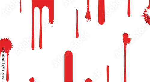 Red liquid dripping from above against a white background some parts are splattered around as well