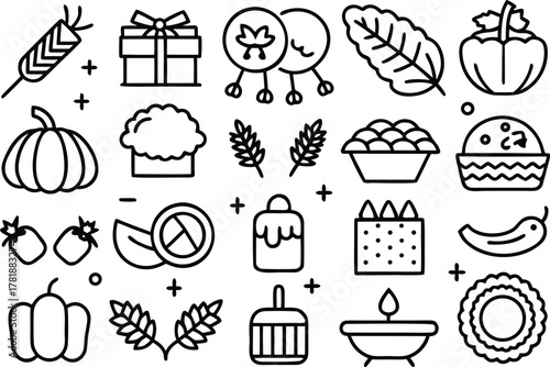 Diwali festival and harvest outline icons collection; celebration elements
