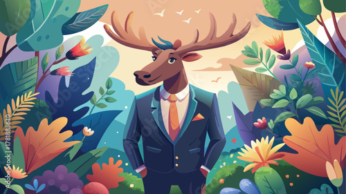 Very beautiful moose wearing a smart suit standing in a colorful floral landscape, featuring elegant character styling, soft natural light, and a whimsical realistic atmosphere with detailed flowers 