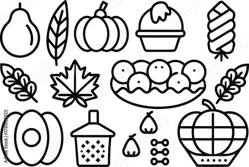 Autumn harvest and holiday icons in a simple line art style