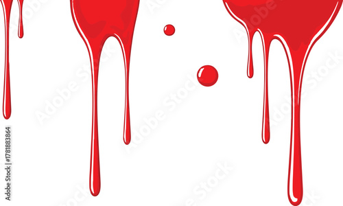 Red liquid dripping with suspended droplets on a white background