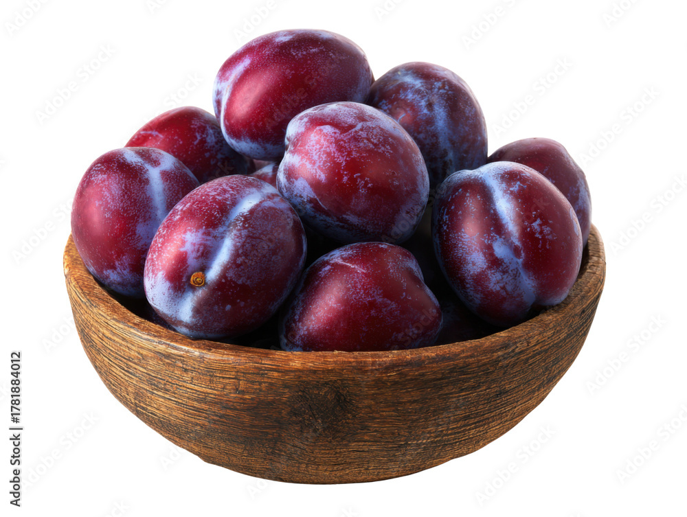 Obraz premium Bowl of Juicy Plums: A wooden bowl brimming with plump, ripe plums, showcasing their vibrant color and succulent texture, offering a refreshing and healthy treat.