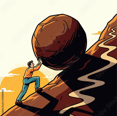 A man struggles to push a giant boulder up a steep, winding hill under a setting sun, symbolizing effort and perseverance.