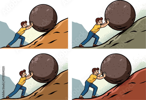 A man pushing a large heavy boulder up a steep hill, repeated four times illustrating struggle and perseverance.