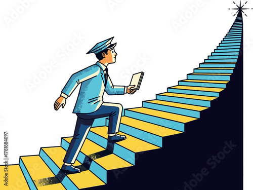 A man in a uniform climbs a long staircase towards a shining star, symbolizing career progression and ambition.