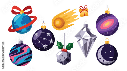 Celestial Ornaments for Festive Season: A collection of uniquely designed ornaments shaped like planets, stars, and celestial objects, each adding a touch of cosmic wonder to the holiday decorations.