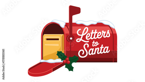 Holiday Wish Delivery: A vibrant red mailbox, bearing the message Letters to Santa, is brimming with the anticipation of Christmas, complete with festive holly decorations and a light dusting of snow.
