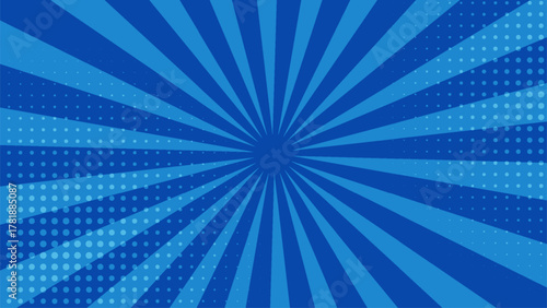 blue comic-style background with radial burst lines and halftone patterns. Bold and energetic design ideal for superhero themes, gaming visuals, and action-packed content.