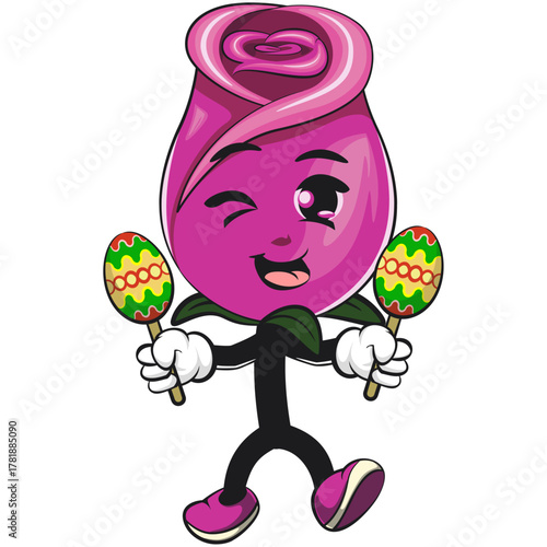 cute pink rose mascot cartoon vector illustration, adorable flower character plays with maracas, isolated botanical blossom design for valentine, spring, and kids concept, work of hand drawn