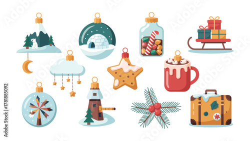 Festive Holiday Ornament Set: A delightful collection of holiday ornaments, including whimsical designs like a snowy mountain and a star-shaped cookie.