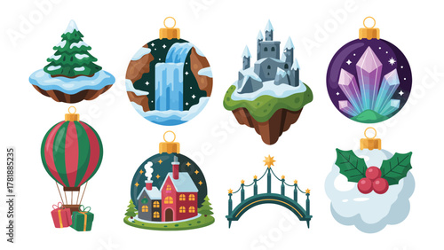 Ornamental Festive Collection: A vibrant assortment of whimsical Christmas ornaments, each showcasing a unique festive scene, evoking the magic and wonder of the holiday season.