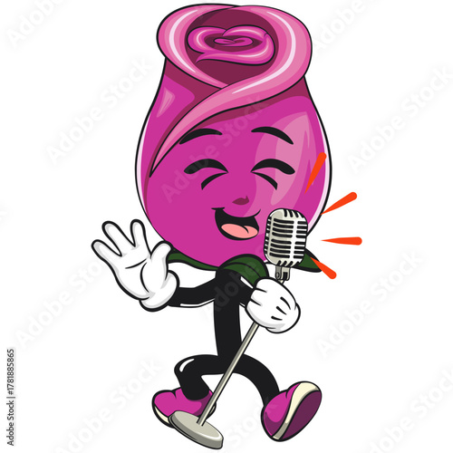 cute pink rose mascot cartoon vector illustration, adorable flower character sing earnestly with maximum style, isolated botanical blossom design valentine, spring, kids concept, work of hand drawn