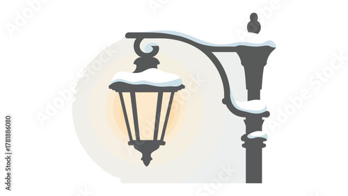 Winter's Illuminated Embrace: A vintage streetlight stands adorned with a pristine coat of fresh snow, casting a warm, inviting glow that cuts through the serene winter ambiance.