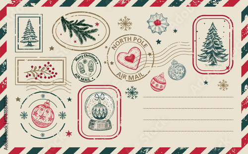 Christmas postcard, card with tree and ball, hand drawn illustration.	
