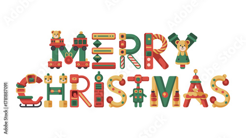 Christmas Lettering: Festive typographic design of 'Merry Christmas' in vibrant colors and whimsical illustrations, embodying the holiday spirit.
