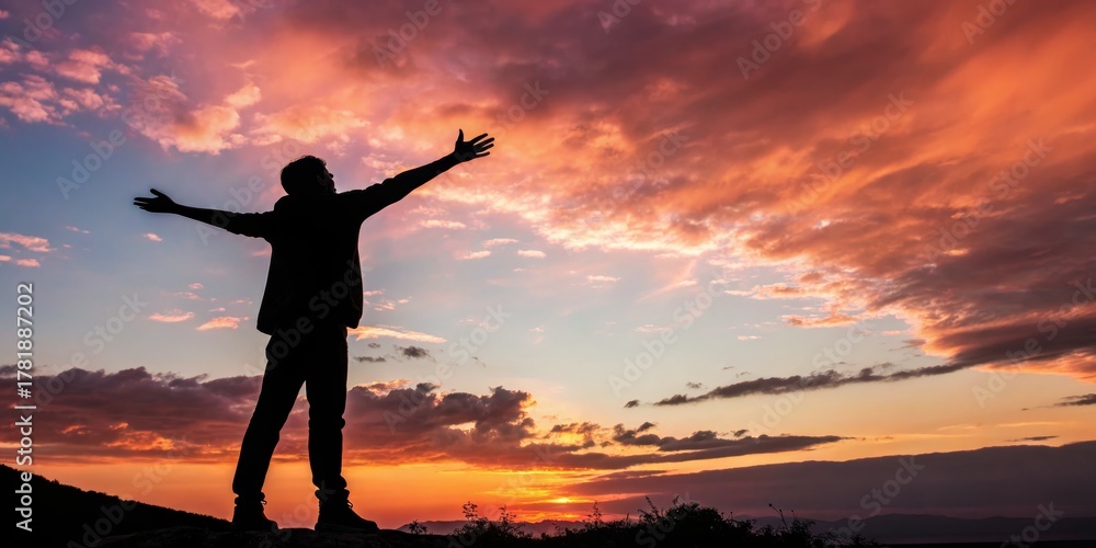 © LA Stock Vision - Silhouette Man at Sunset Open Arms, Vibrant Sky, Freedom Concept, Landscape Photography Keywords Silhouette, Sunset Photography