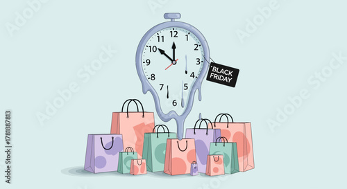Melting Black Friday Discount Clock with Shopping Bags - Surreal Flat Design