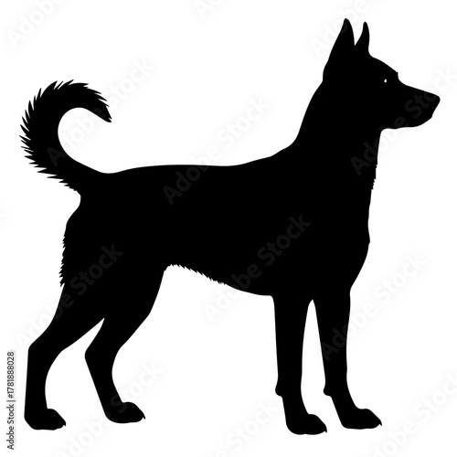 Black silhouette of a dog standing in profile on a white background  