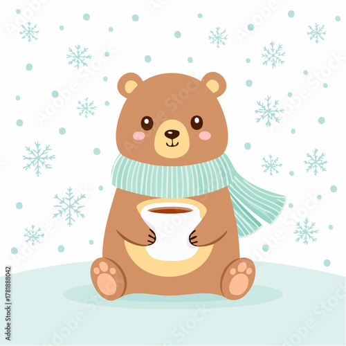 Adorable bear warms up with hot cocoa in a snowy scene, perfect for winter greetings and festive designs, originally a scalable vector graphic