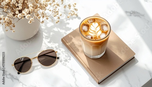 A high-angle flat lay of an iced Latte (visible beautiful layers) on a clean white