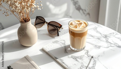 A high-angle flat lay of an iced Latte (visible beautiful layers) on a clean white