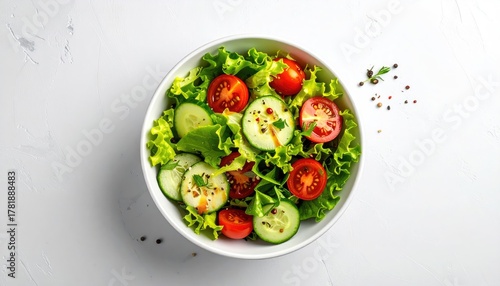 Overhead view of a vibrant fresh green salad in a white bowl with sliced cherry tomatoes and cucumbers on a speckled white textured background with scattered spices