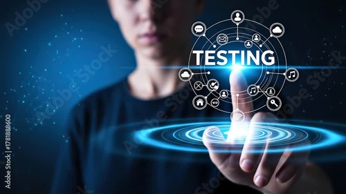 Technology concept of testing with interconnected icons and a person interacting with a digital interface