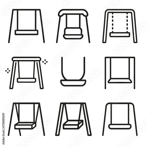 Minimalist swing set icons for playgrounds in simple black line design