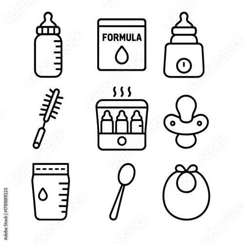 Baby feeding essentials icon set featuring bottles and pacifiers