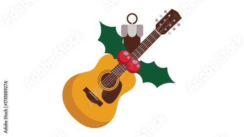 Melodious Christmas: A warm, inviting illustration of an acoustic guitar, adorned with festive holly leaves and bright ornaments, evoking the spirit of holiday cheer and musical harmony.