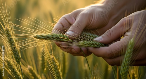 Farmer inspects golden wheat field at sunrise, rich harvest promise