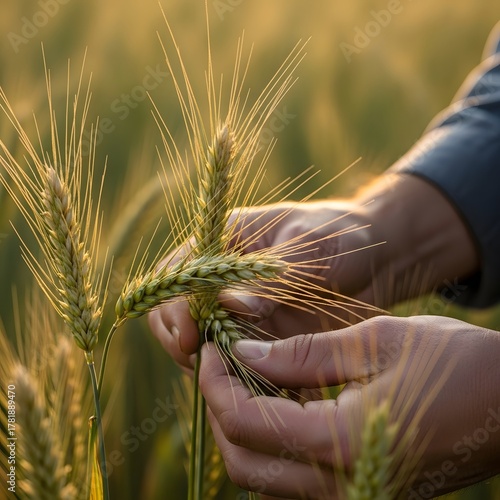 Farmer inspects golden wheat crop at sunset, symbolizing harvest and abundance.