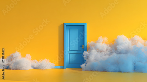 3d rendering, abstract minimalist geometric background. White clouds fly outside the blue doorway on the yellow wall. Modern fantasy wallpaper