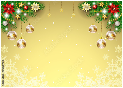 クリスマス背景、雪の結晶、金、オーナメント、かわいい、イラスト、横