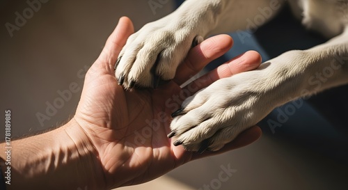 Gentle connection between human hand and dog paws, symbolizing trust and companionship