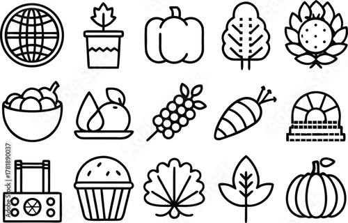 Nature and food line icons for agriculture and healthy living