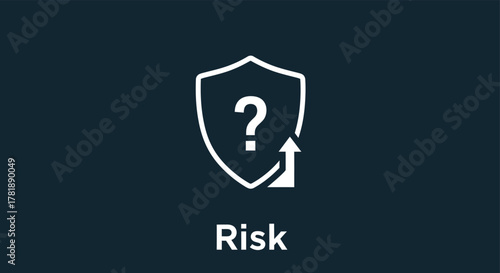 Conceptual illustration of risk assessment and management, featuring a shield icon with a question mark and upward arrow, symbolizing uncertainty and potential growth, set against a dark background