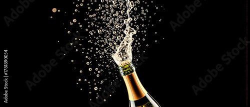 Champagne splashes dramatically against a dark backdrop, sparkling in a burst of bubbles and light.	