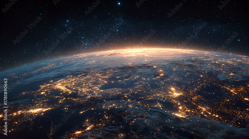 Obraz premium Earth at night viewed from space, showing glowing city lights and stars. 