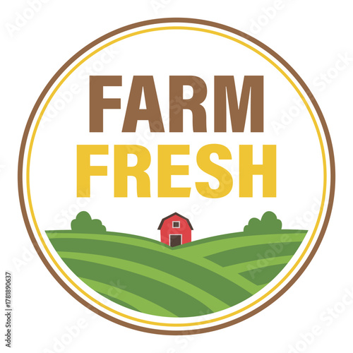 Farm fresh circular logo with green rolling hills for organic produce and farmer's market emblem