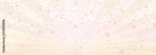 波と光と桜の花柄の背景イラスト