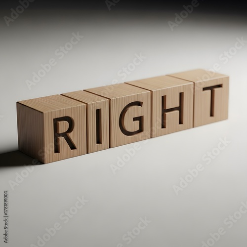 Wooden blocks spell RIGHT, symbolizing correct choices and success
